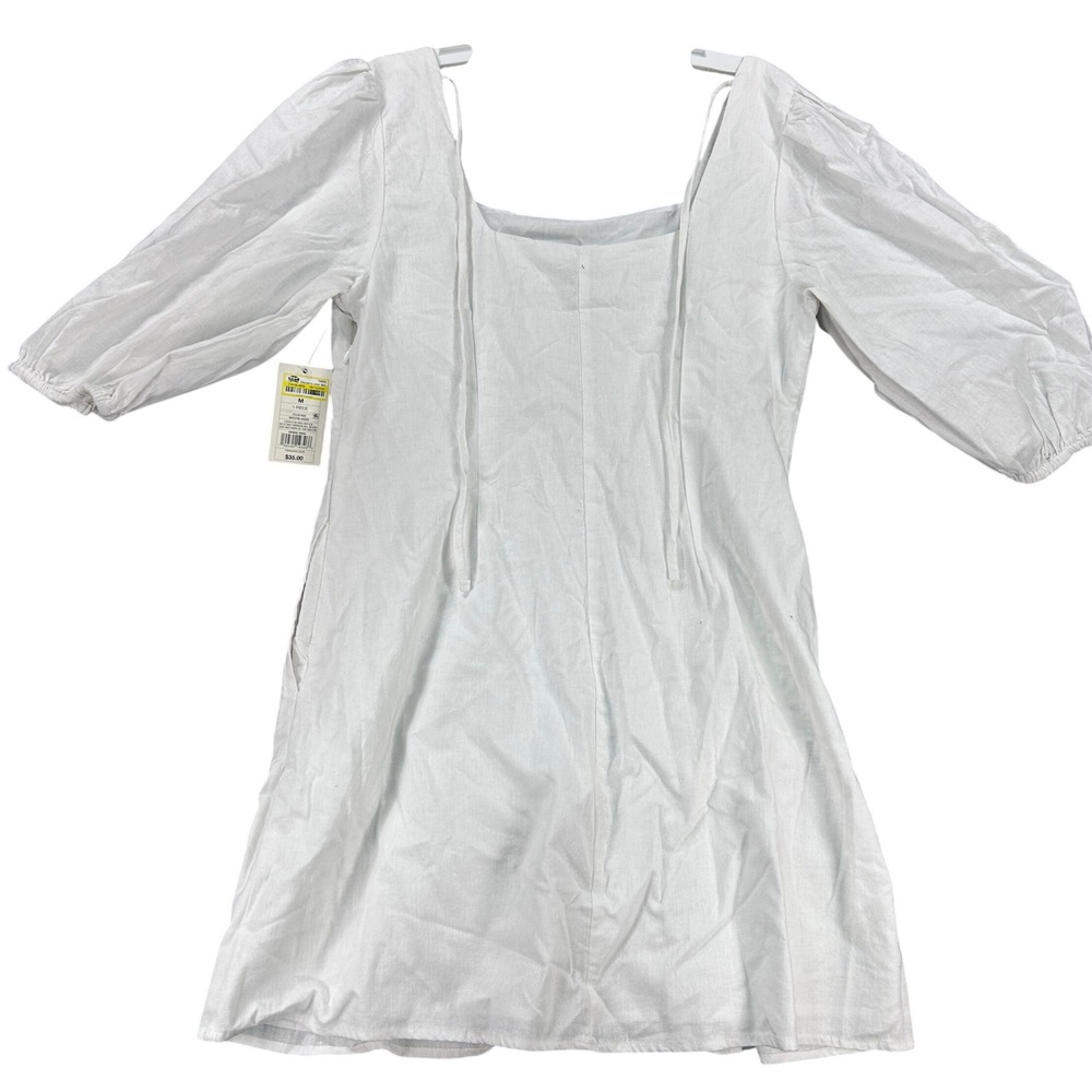 A New Day Women's M White Linen Mini Dress Puff Sleeve Square Neck Tie Back